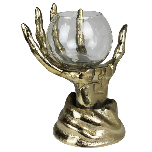 Golden Skeleton Hand with Glass Vase