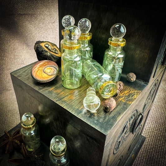 Hand-Blown Glass Potion Bottle - Small Engraved Iridescent Green