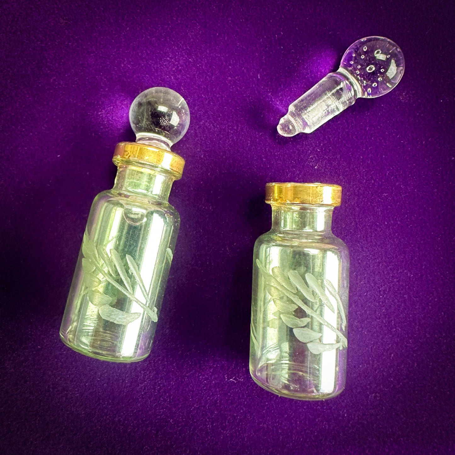 Hand-Blown Glass Potion Bottle - Small Engraved Iridescent Green