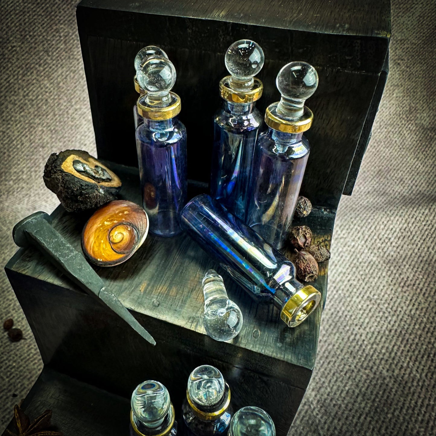 Hand-Blown Glass Potion Bottle - Small Slim Iridescent Blue