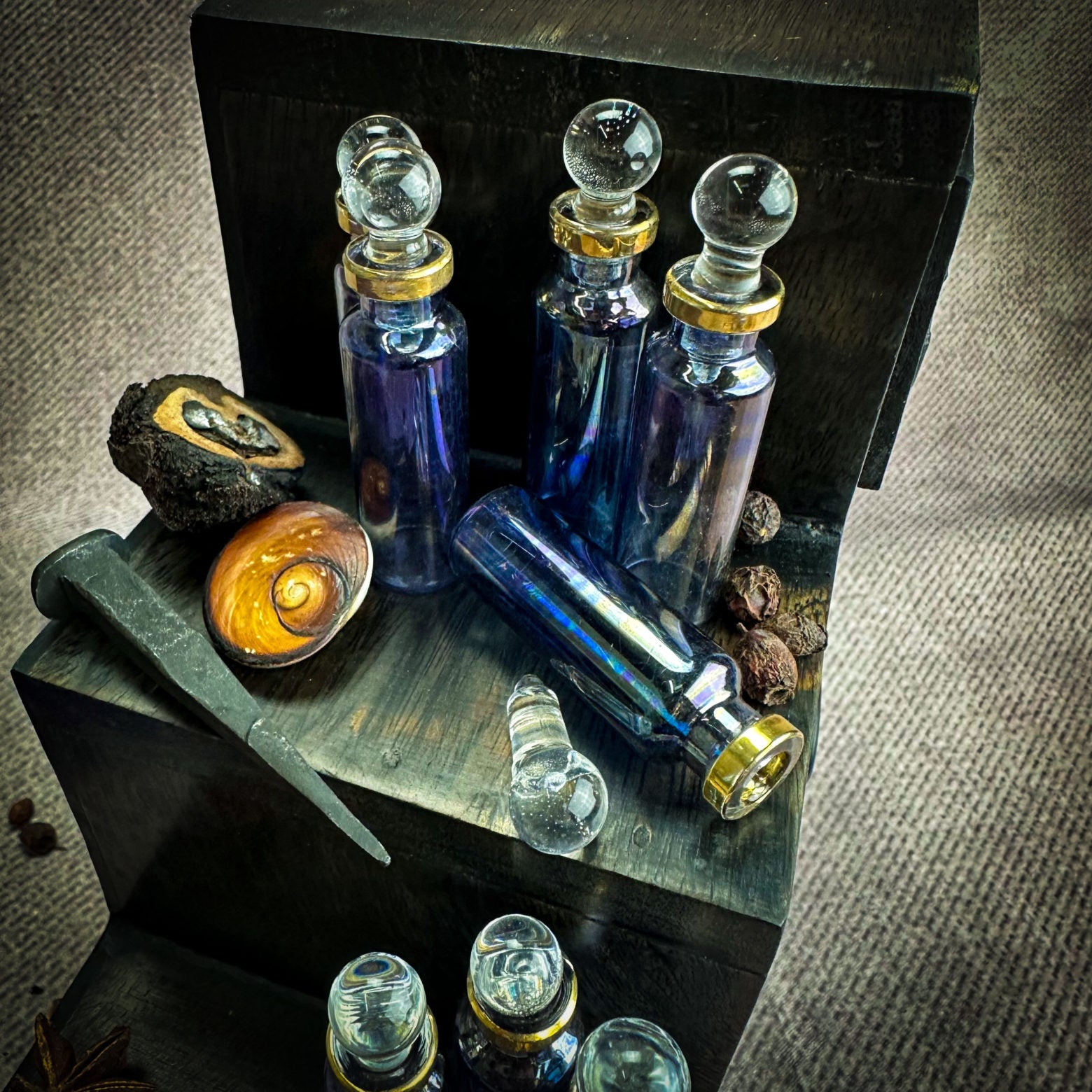 Hand-Blown Glass Potion Bottle - Small Slim Iridescent Blue