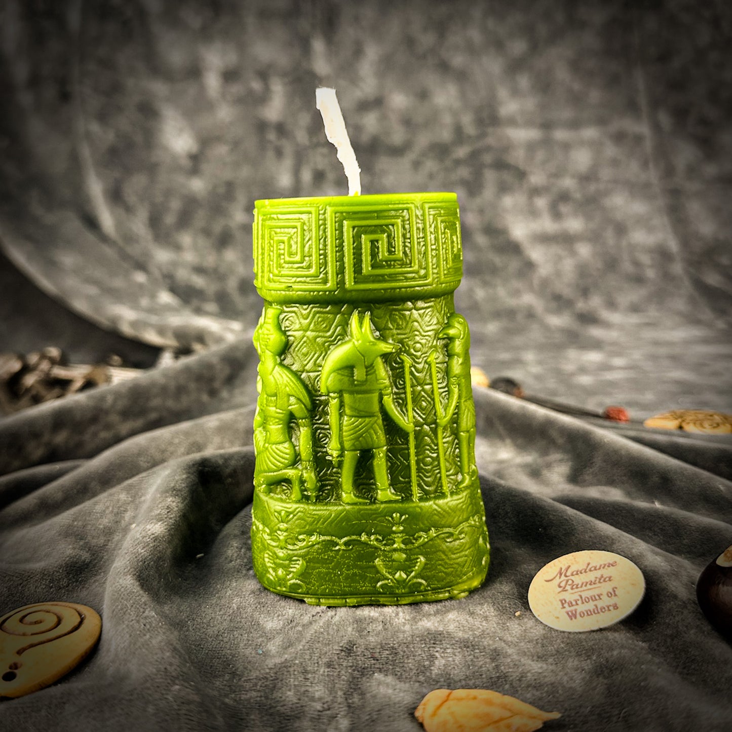 Anubis and Horus Egyptian Pillar Spell Candle Green