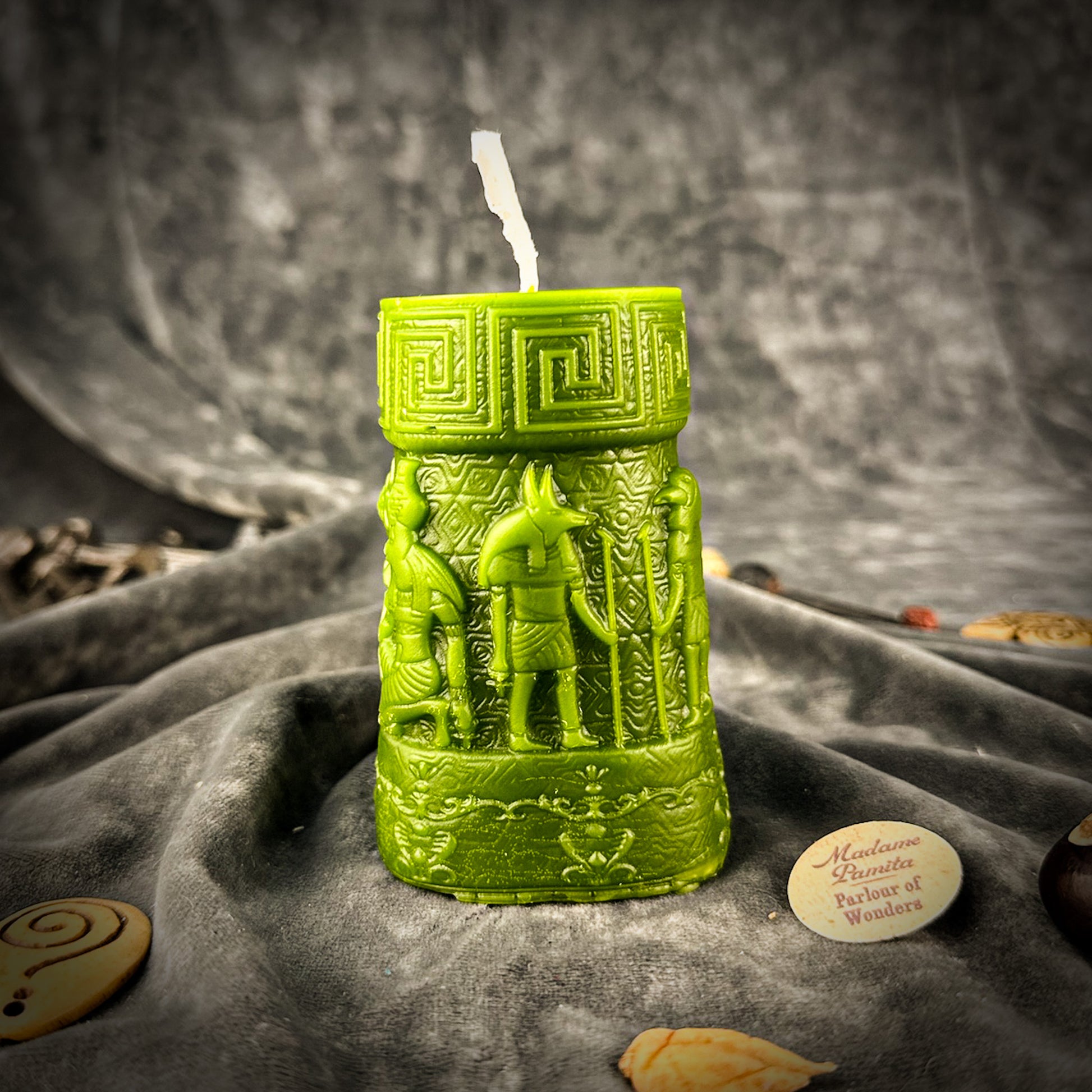 Anubis and Horus Egyptian Pillar Spell Candle Green
