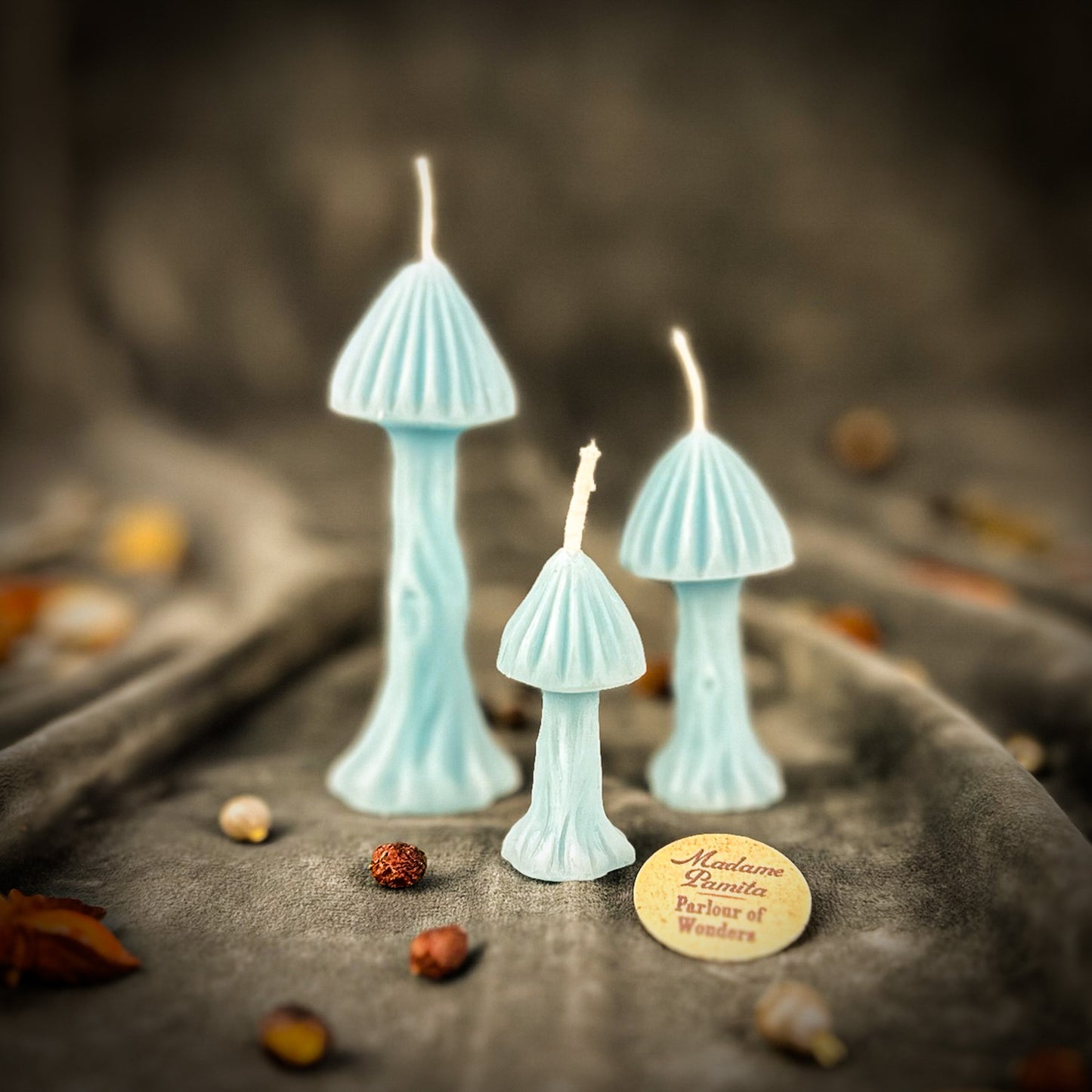 Blue Enchanted Mushroom Spell Candle Trio