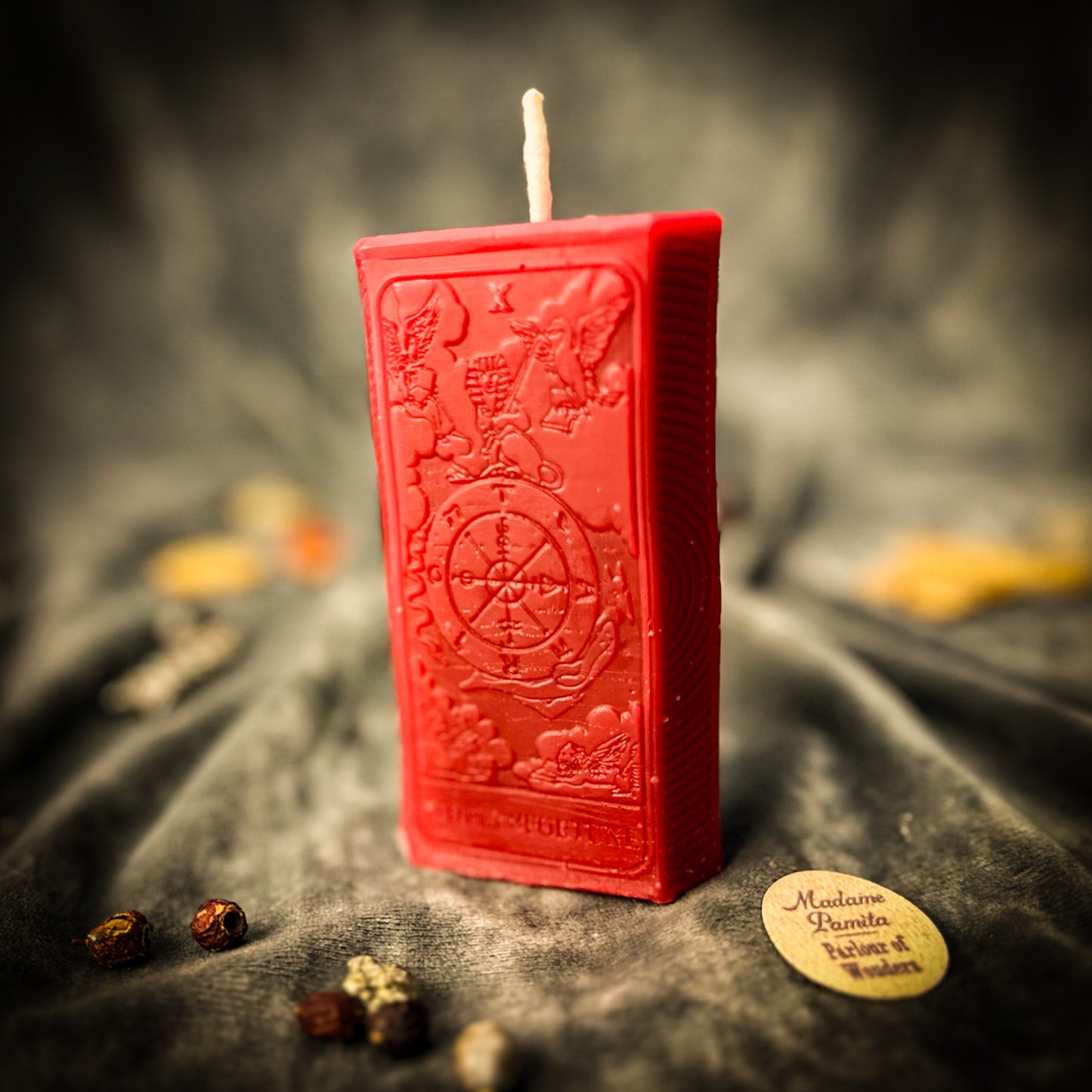 Red Beeswax Wheel of Fortune Tarot Card Spell Candle