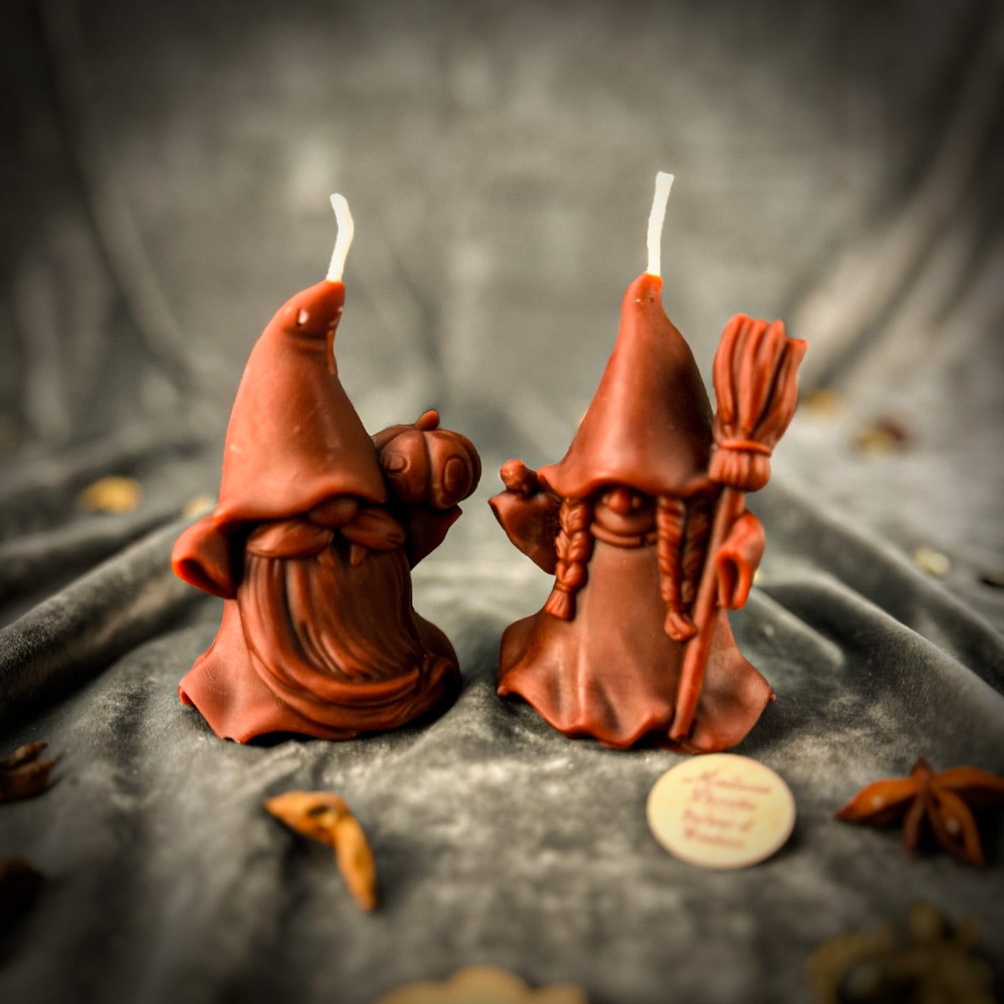 Witch and Wizard Gnomes Spell Candle Set Brown