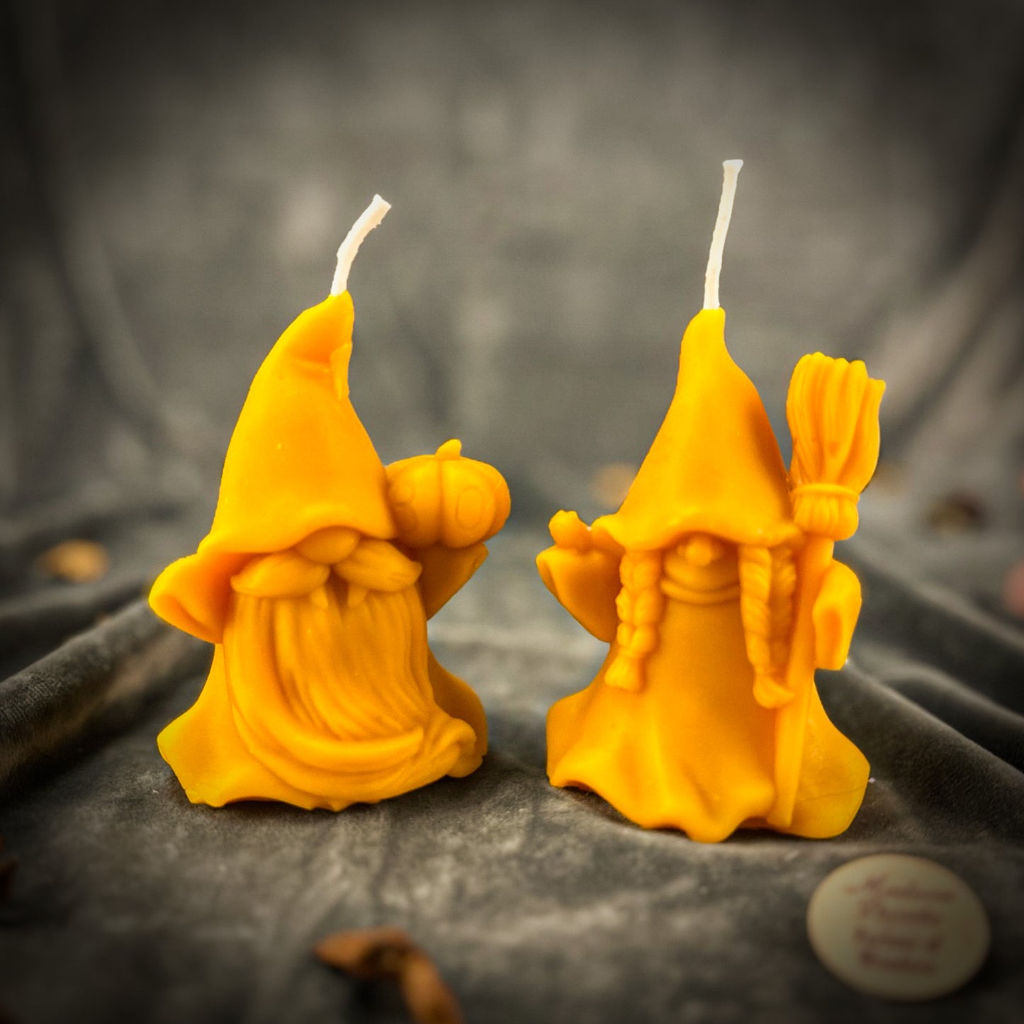 Beeswax Witch and Wizard Gnomes Spell Candle Set Yellow