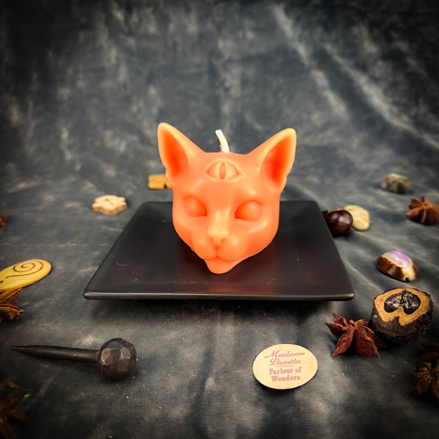 Beeswax Psychic Cat Candle on Small Stoneware Candle Spell Tray