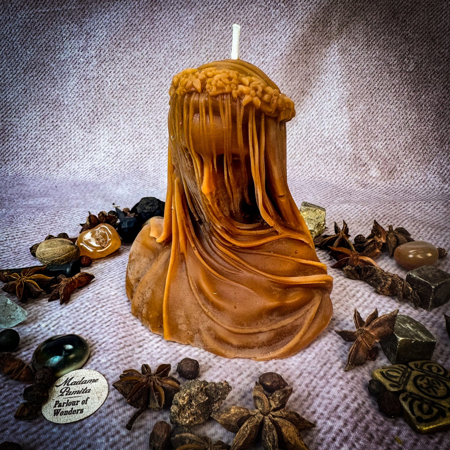 Beeswax Veil of Secrets Spell Candle in Brown